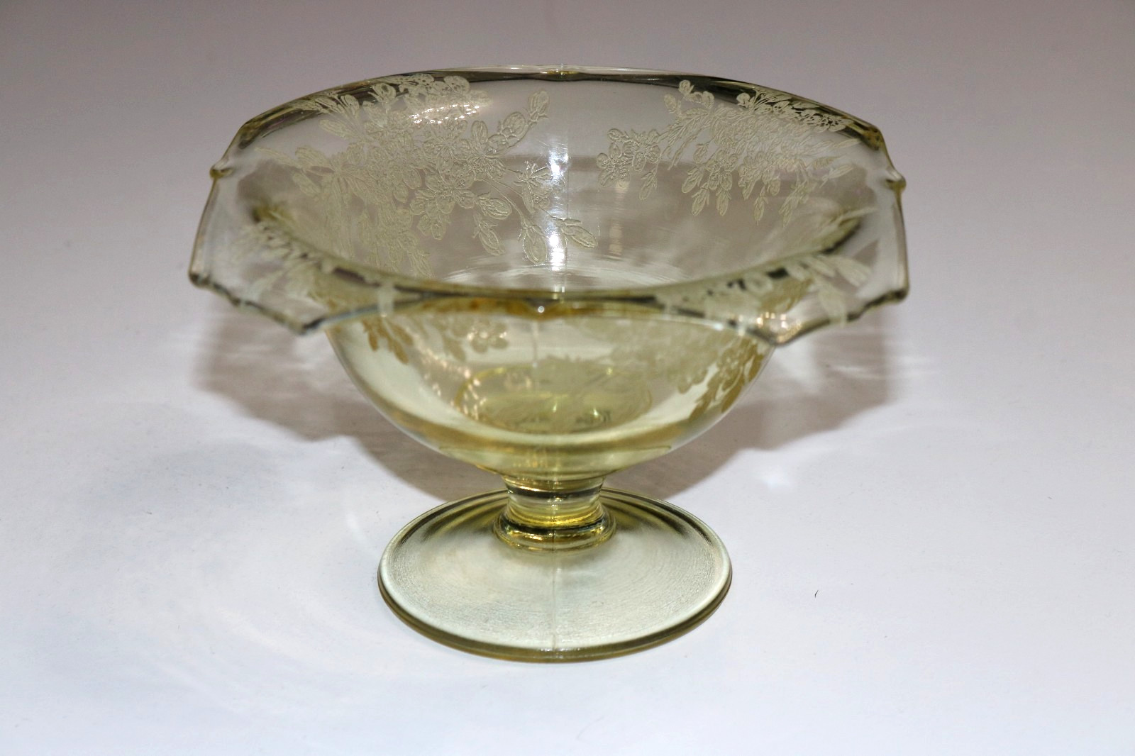 Vintage Ardith Paden City Yellow Etched Pedestal Glass Bowl