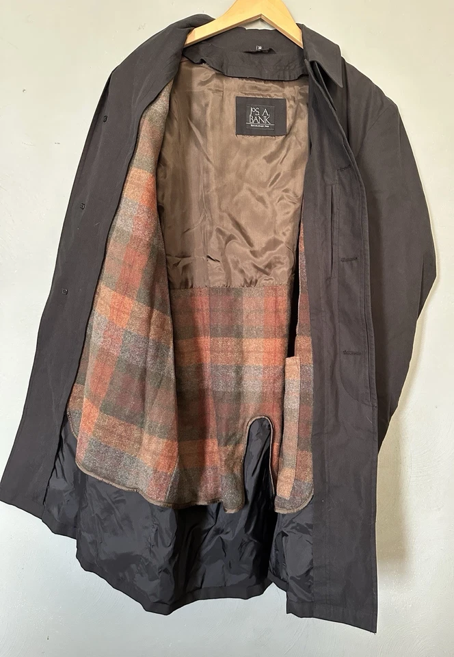 Jos A Bank Coat Mens 38R Year Around Raincoat Collection Black Wool Lined button - Image 2 of 4