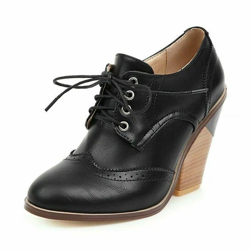 Womens Lace Up Oxfords Wingtip Brogues Block High Heels Pumps Shoes - Picture 18 of 21