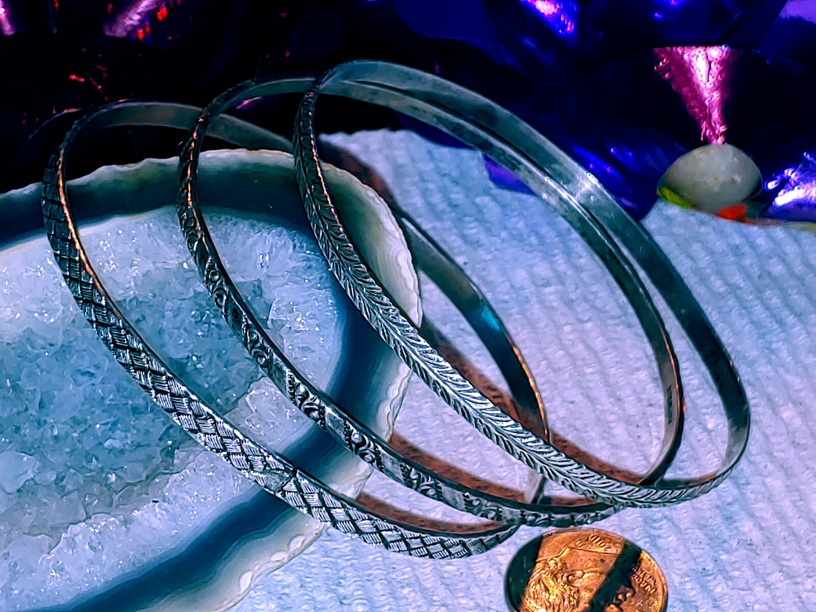 THREE Sterling Silver Patterned Etched Mix Match … - image 2