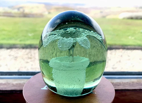Antique Dump Paperweight Victorian Green Glass Pot Of Flowers