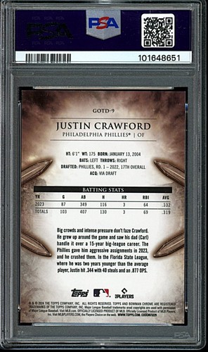 2024 Bowman Chrome #GOTD9 Justin Crawford Gladiators Diamond Red #2/5 PSA 9 - Foto 2 di 2