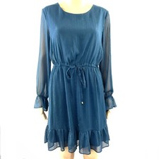 Blue Rain Short Dress Ruffles L Teal Blue Metallic Sheer Long Sleeve Adjustable