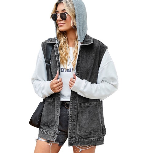 Women's Denim Button Up Drawstring Pockets Vest Hooded Sleeveless Jean Tank Top - Picture 2 of 21