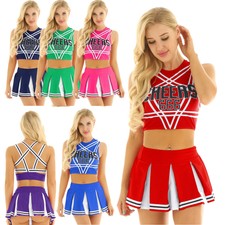 Women's Schoolgirls Cheer Leading Costume Uniform Crop Top Mini Skirt Outfit