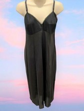 Vanity Fair 1970s Vtg Black Full Slip Gown Dupont Nylon Lace Lingerie Sz 40 Et
