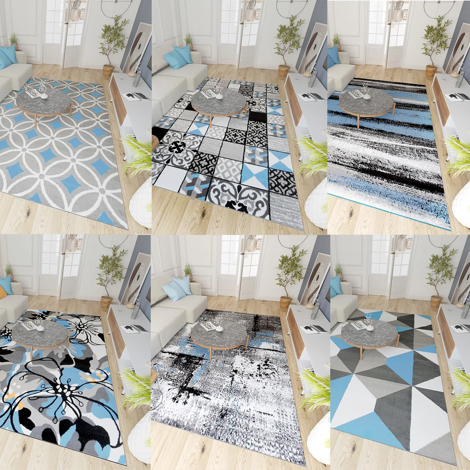 Modern Robust Teppich Kurzflor Wohnzimmerteppich Grau Blau 80 120 220 300cm - Bild 1 von 1