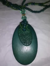 Vintage 80s Estate Green Seed Beaded Wood Textured Pendant Statement Necklace