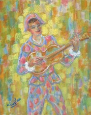 Armand Laclau (1892-1978) Pintura Francesa Vintage Arlequín Músico Carnaval
