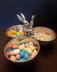  Stainless steel & pewter Triple Serving bowls with Rabbit holding a Carrot