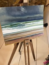 Praa Sands Surfers.  Surfing Cornwall Original Oil On Canvass Board