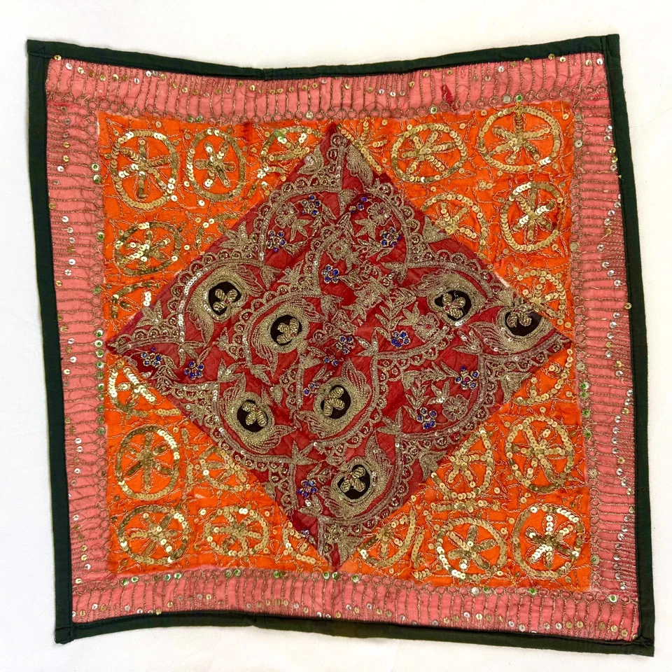 Orange Bling Pillow Cover Hand Beaded Embroidery 16in Square India Excellent - Image 4 of 4