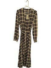 Please Checkered Brown, Black & White Long Sleeve Wrap Dress Size M (HO)