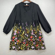 Old Navy Dress Womens Small Black Floral Border Print Long Sleeve Boho Mini Airy