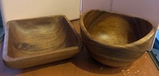Lot Of 2 Vintage MCM Solid Walnut Bowls, 1 Square And 1 Round, Nice