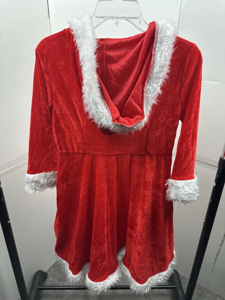 Disfraz de señora Claus para mujer rojo terciopelo Papá Noel vestido capucha piel sintética pequeño” Foto 2 de 3