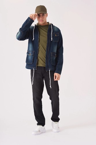 JMOJO Mens Denim Hooded Jacket Warm Trucker Durable Hoodie Winter Sleeves Coat - Picture 23 of 33