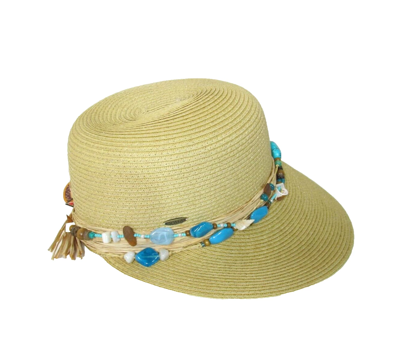 SCALA COLLEZIONE NWT Straw Sun Hat 4" Visor Turquoise Shell & Bead Accents O/S