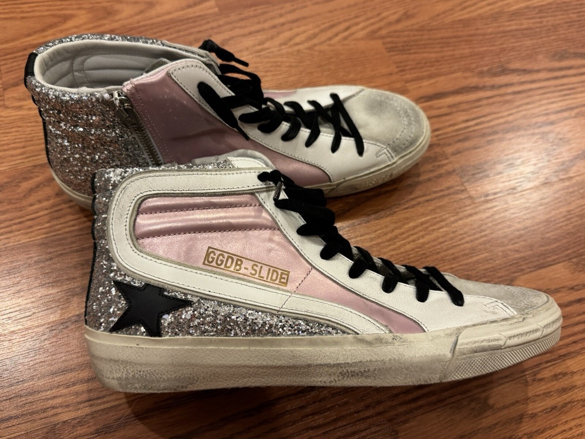 NEW Golden Goose Slides EU 39 Womens Pink Silver Glitter Sneakers Leather  White