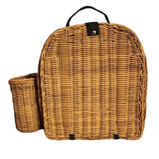 Handwoven Wicker Backpack Picnic Basket w/ Wine Bottle Holder Plates Utensils