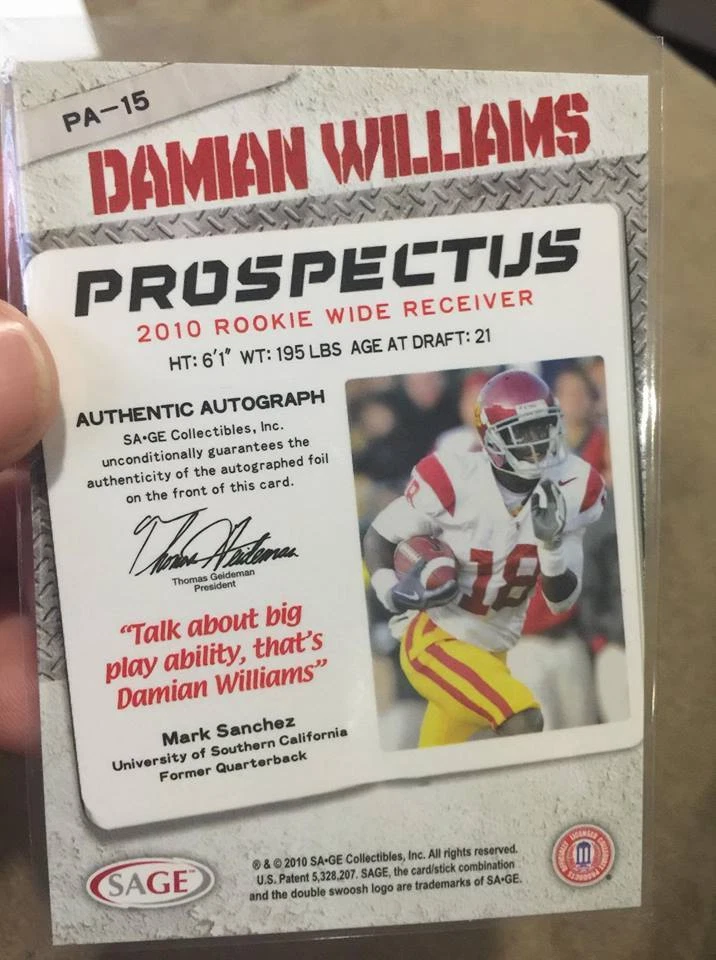DAMIAN WILLIAMS 2010 SAGE HIT "PROSPECTUS" #PA15 ROOKIE AUTOGRAPH AUTO RC /100!  - Image 2 of 2