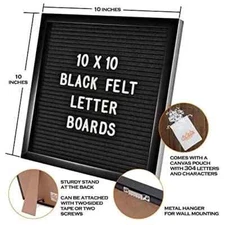 Main Event Letter Board 10"x10" BLACK Frame & Felt  WHITE Letters FREE SHIPPING