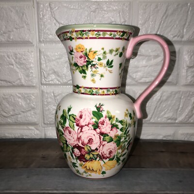 Vintage Laura Ashley Home Pink Roses Pitcher Vase 7 1/2