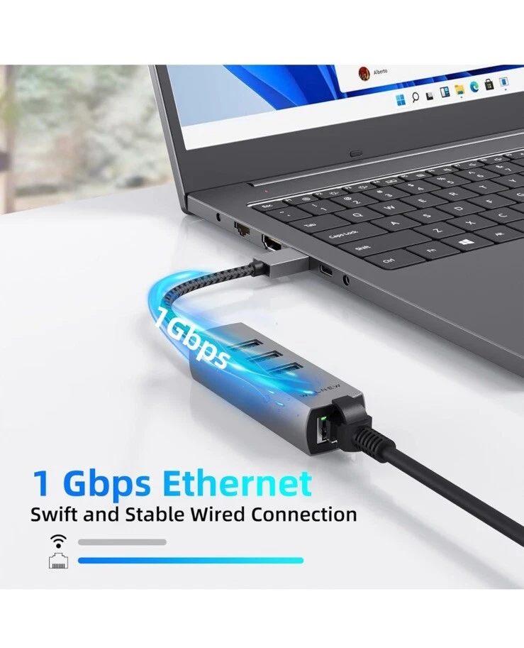 NEW Combo Gigabit Ethernet USB Type-A 3 Port Hub Adapter 5Gbps, MacBook, Windows - Image 3 of 4