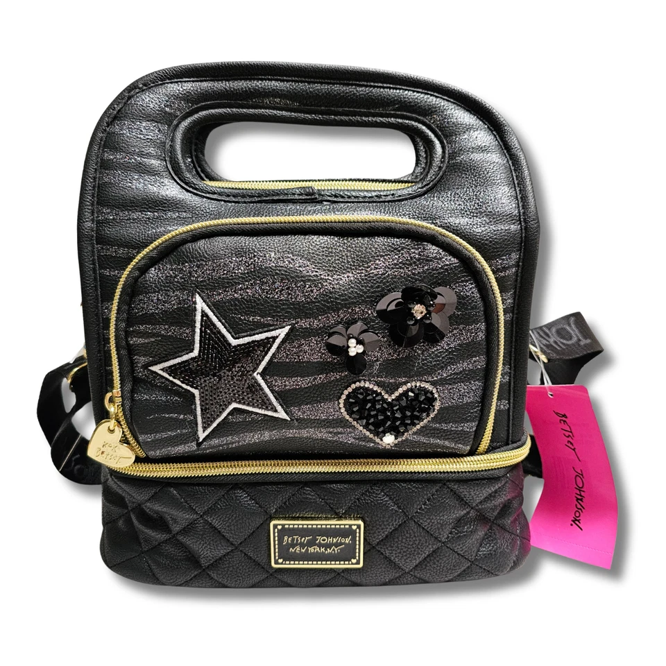 Bolso de Mano Betsey Johnson Bedazzled Lonchera Aislado Acolchado Lentejuelas Negras 9x9x5