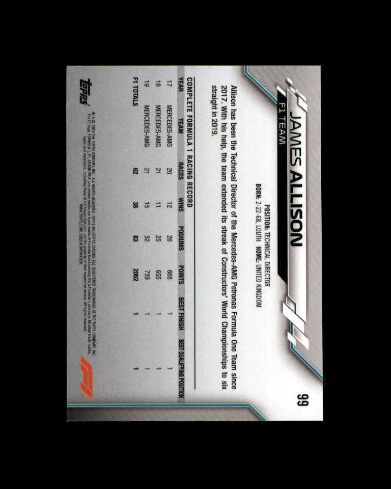 2020 Topps Chrome Formula 1 #99 James Allison (ref 163532) - Image 2 of 2