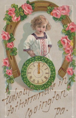Postcard - Horseshoe Trimmed in Roses - Wreath Clock - Up to the Minute - Used
