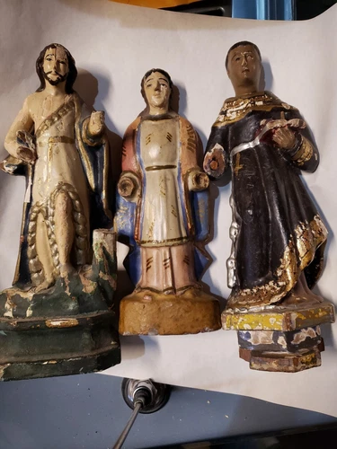 3 Hand Carved Peruvian Catholic Wood Figurine Very Old 2- 9 1/2 ", 1- 8" Tall