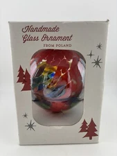 Zorza Handmade Mouth Blown Polish Art Glass Red Swirl Orb Ornament 4” x 3.5”