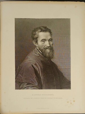Antiker s/w Kupferstich des italienischen Bildhauers Michael Angelo Buonarroti Portrait