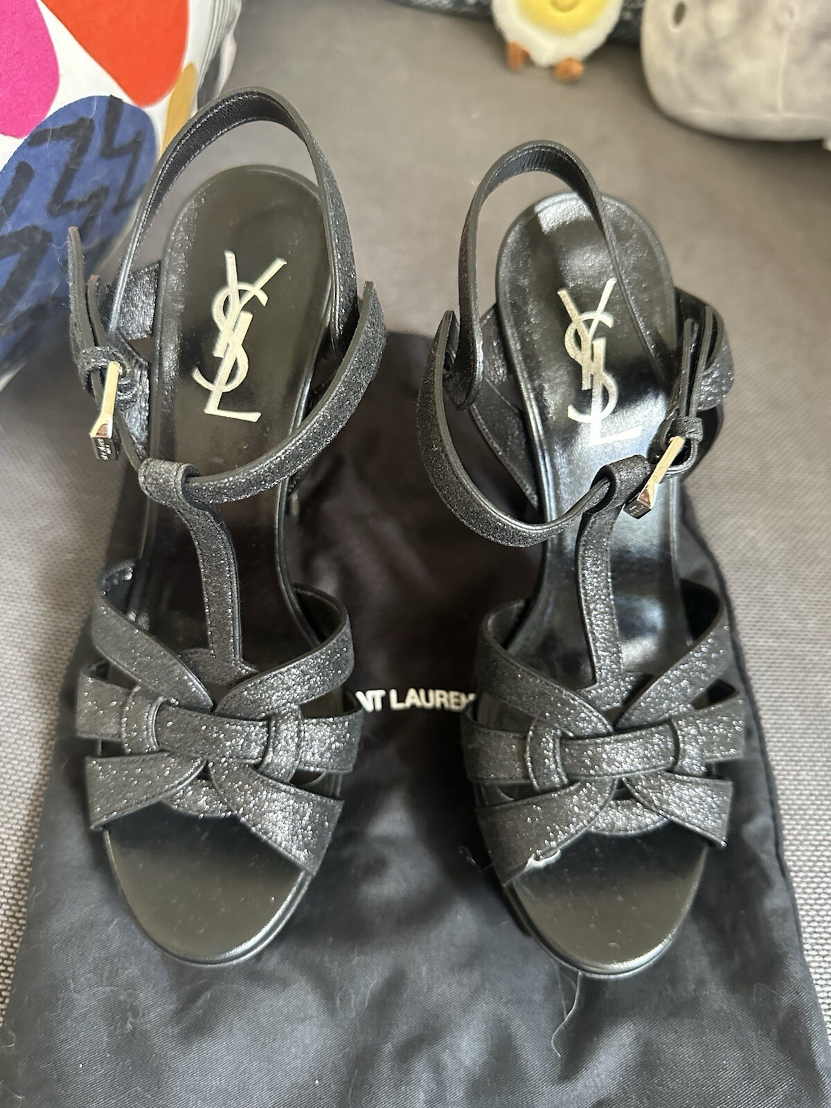 SAINT LAURENT sandali ysl omaggio plateau 36 5 nero glitter tacco 105 mm