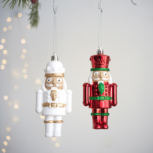 Holiday Plastic Christmas Tree Ornaments White Red Nutcracker and Santa ...