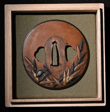 Tsuba Japanese antique copper Mumei a crane along the riverside design Edo era