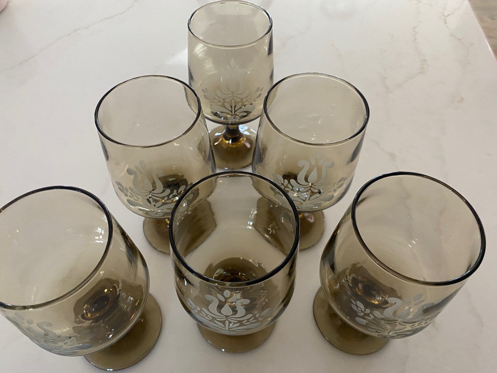 "TIME TO BUY 6 copas de copa de vino Pfaltzgraff vintage grabadas vajilla marrón 5,5"""