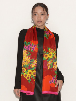 NWOT GOKAN KOBO by Kenzo Satin Red w Yellow Silk Floral Shawl ITALY 17''X68''