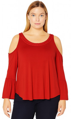 Boston Proper Tunic Top Womens Medium Red Cold Shoulder Bell Sleeve BOHO Holiday