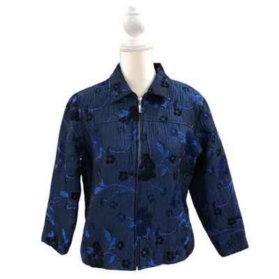 Coldwater Creek Blue Brocade Jacket Blazer Size Medium Petite