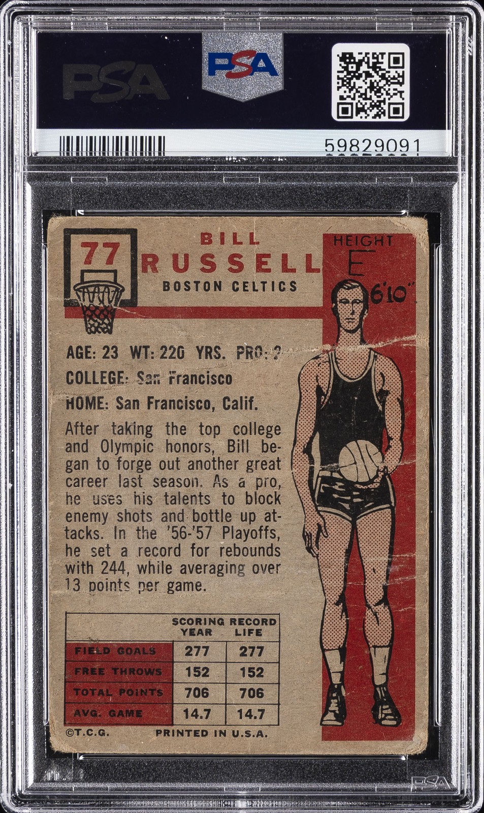 1957 TOPPS #77 BILL RUSSELL ROOKIE RC PSA 1 view 2