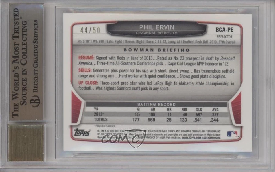 2013 Bowman Draft Blue Wave Refractor /50 Phil Ervin BGS 9.5 GEM MINT Auto - Image 2 of 2