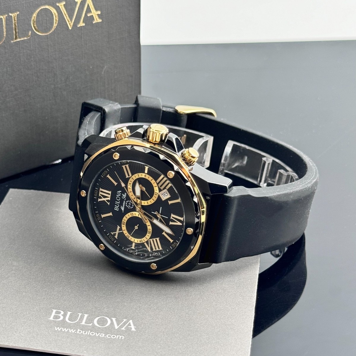 BULOVA 98B278 マリンスター ブラック ゴールド 100m防水 Bulova Marine Star Black Gold Dial Chronograph Silicone Strap