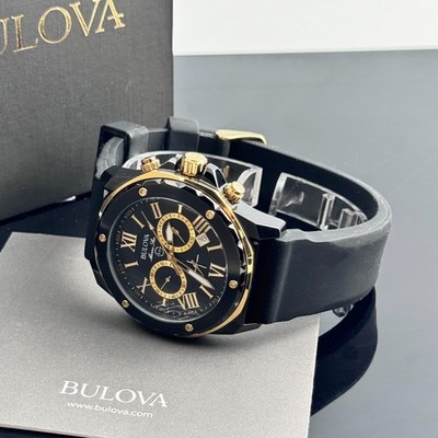Bulova クォーツ腕時計 黒/金 Bulova Marine Star Black Gold Dial Chronograph Silicone Strap