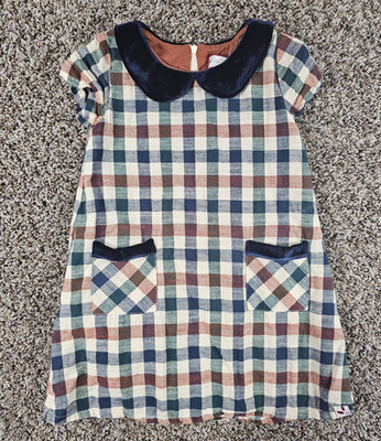 Sweethoney brown, blue, green, cream plaid peter pan collar shift dress 5Y