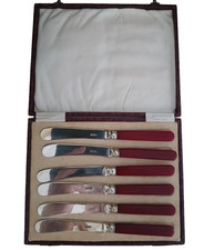 Vintage Art Deco Silver Plate Butter Spreaders Cherry Red Bakelite Handles Boxed