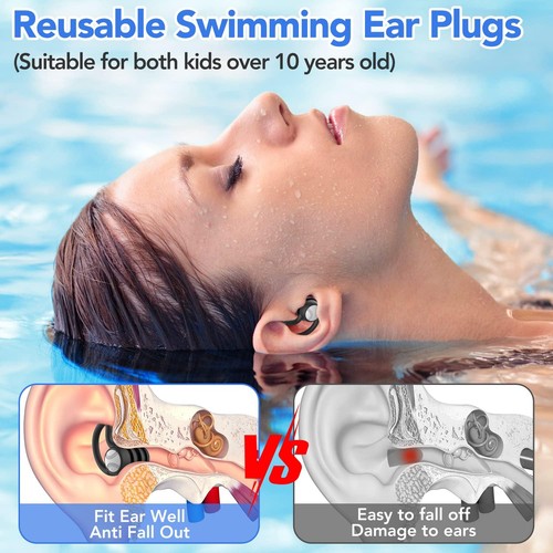 Swimming Ear Plugs Waterproof Earplugs 1 pair (Pack of 3), Black, Green, Blue  - Picture 3 of 7