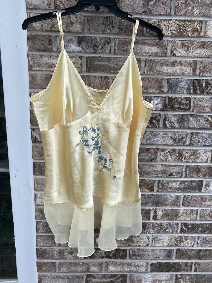 复古 Y2K 黄色和蓝色花卉刺绣 Fairycore Coquette Cottage 3X/4X Slip — 第 3/4 张图片