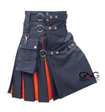 Men's Scottish Black Hybrid Kilt Orange Pleat Modern Fashion Utility Kilt 28-62